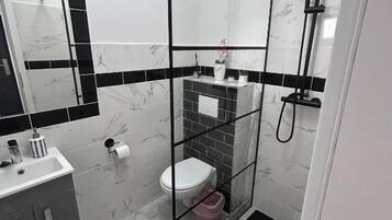Un baño moderno con ducha envuelta en vidrio, inodoro y lavabo.