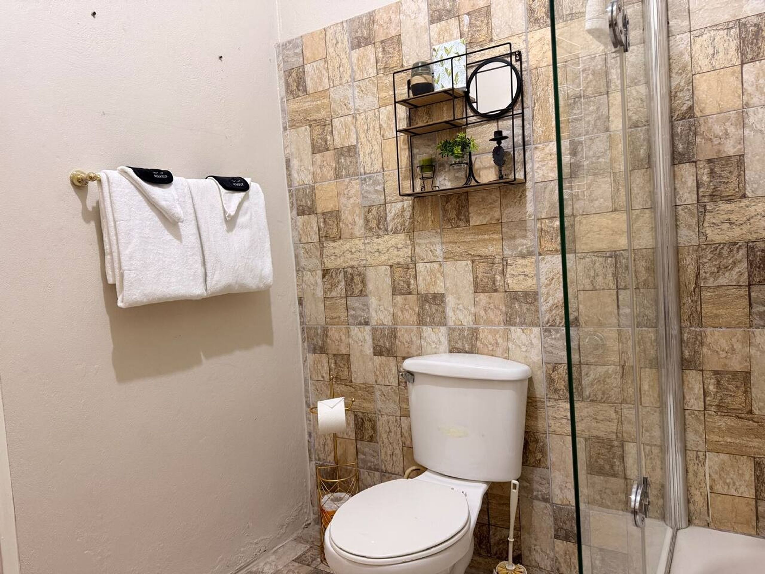 Une salle de bain comprenant des toilettes, une douche en verre et un porte-serviettes avec deux serviettes blanches.