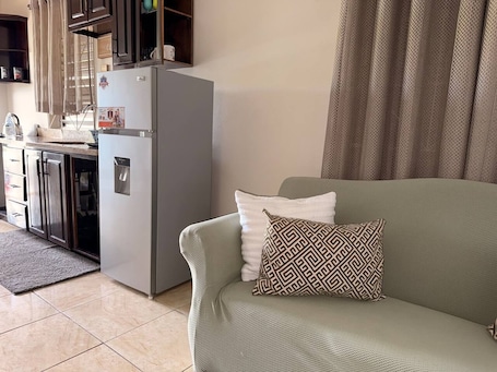 A compact living space with a kitchenette, a sofa with patterned cushions, and a window with curtains.