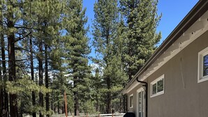 A building with a paved patio area, surrounded by a wooden fence and tall pine trees. - Hch0681 - Red Lake Lodge 3 Bedroom Home (South Lake Tahoe)