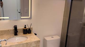 Jetted bath, hair dryer, towels, soap