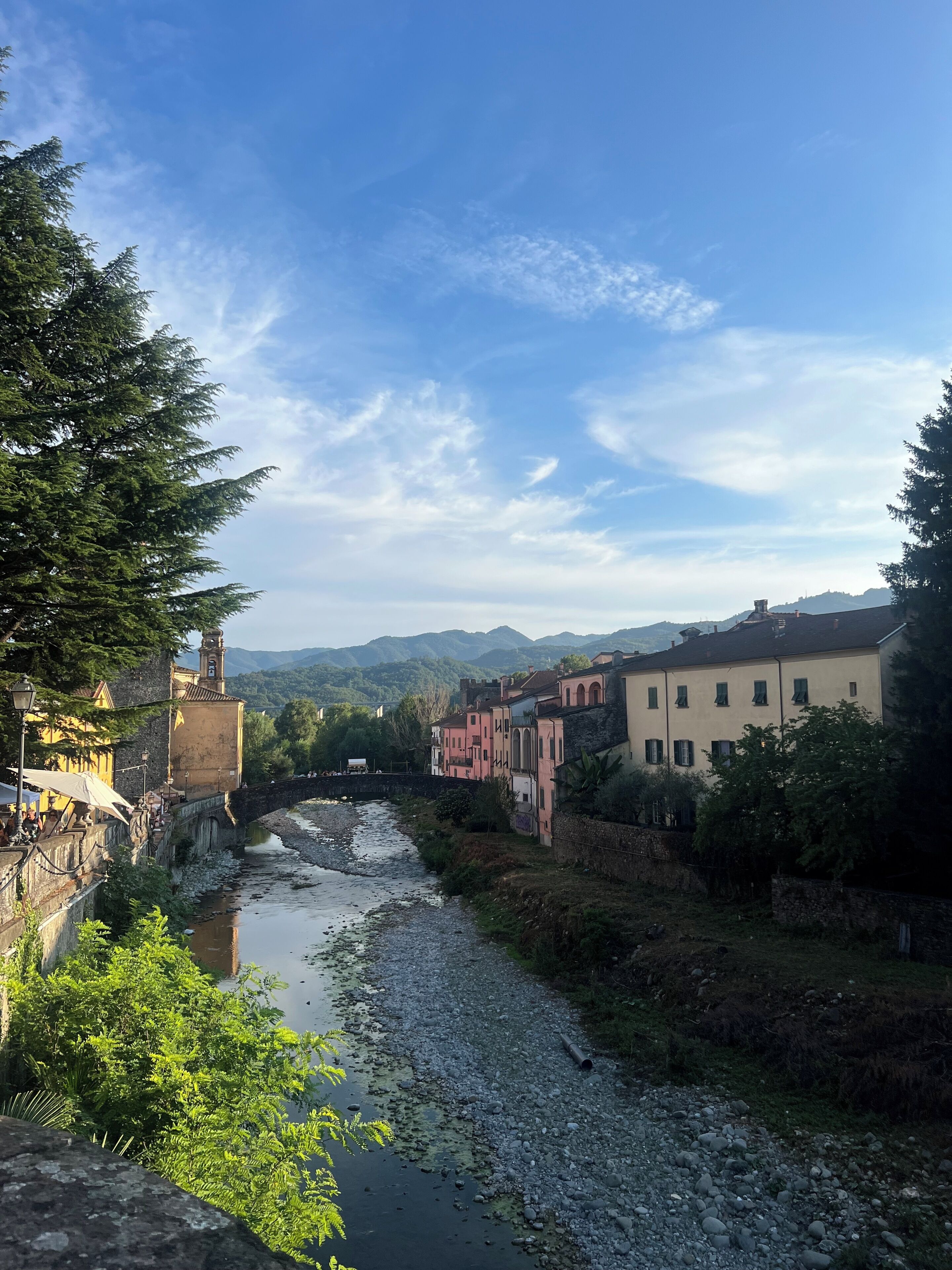 Une rivière traverse une ville, avec des bâtiments d’un côté et des montagnes à l’horizon.