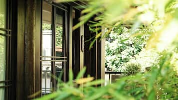 A view through a window with a metal gate, leading to a garden with green foliage and a white flowering plant.