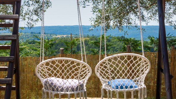Two wicker chairs with cushions, suspended by ropes, overlooking a lush landscape with a view of the sea and hills. - Casa Tonko by Villas Guide (Buje)
