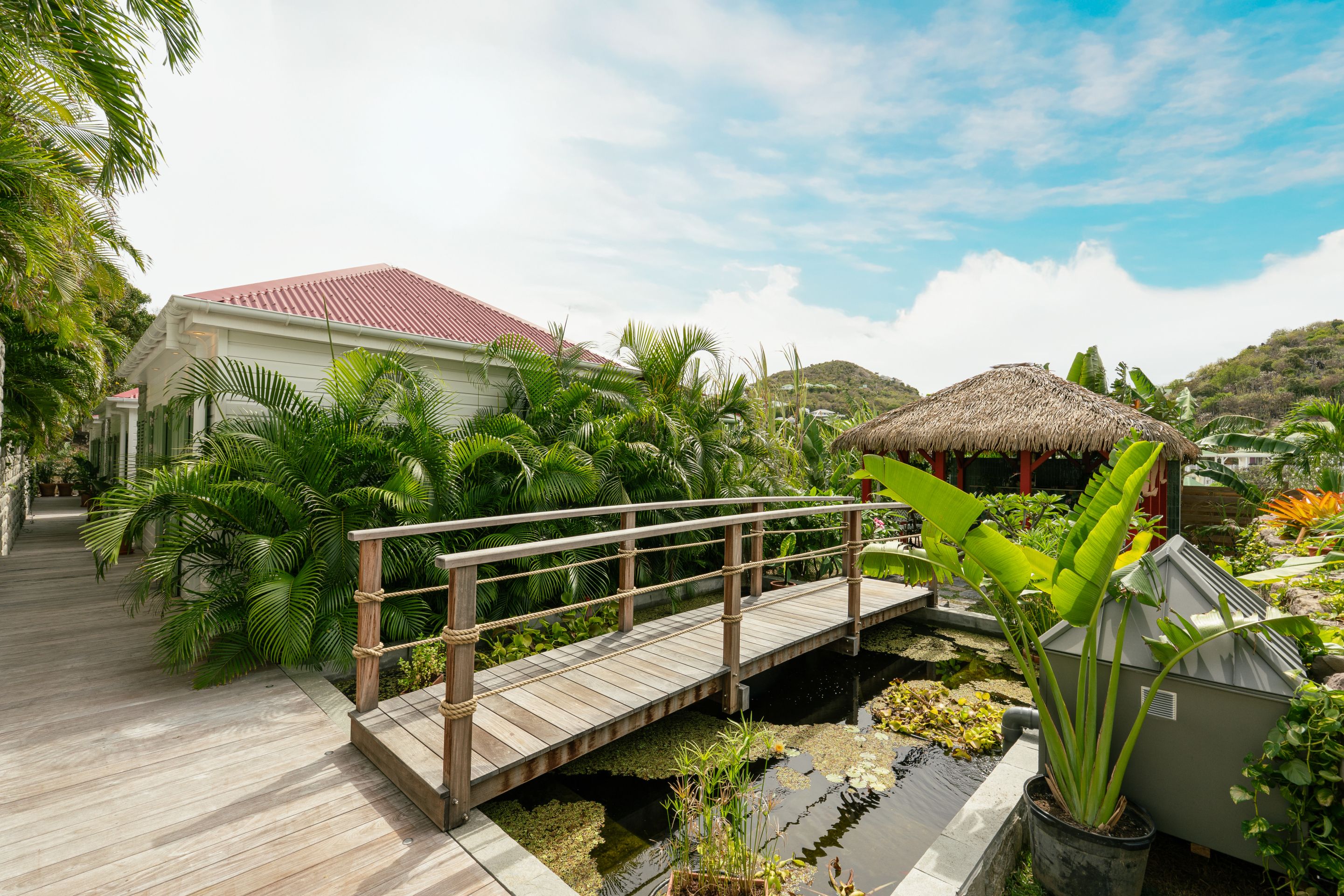 A wooden bridge over a pond with tropical plants, a thatched-roof structure, and a white building with a red roof.
