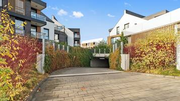 A modern residential area with a paved driveway leading to a covered entrance.