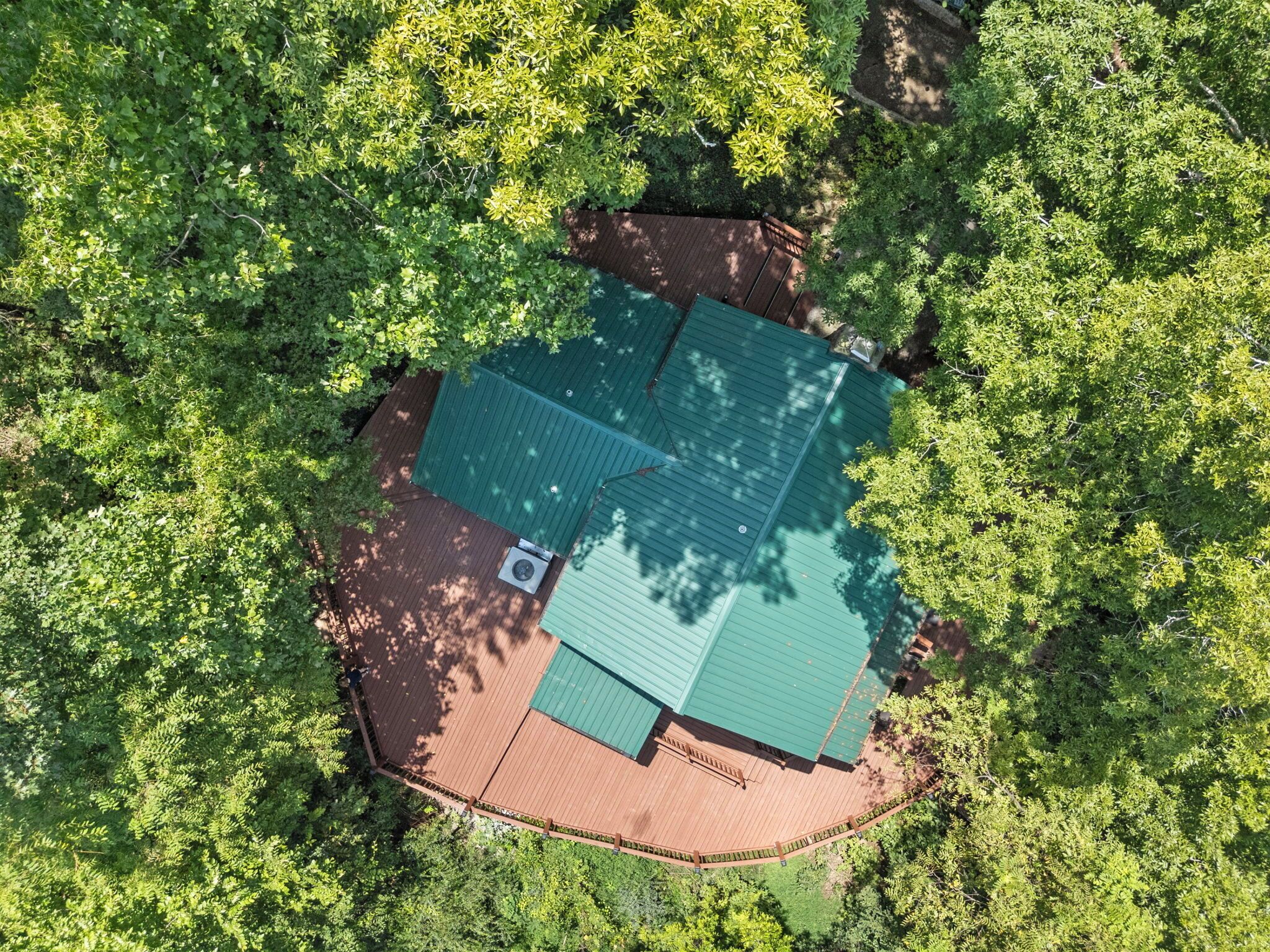 A house with a green roof surrounded by dense green foliage.