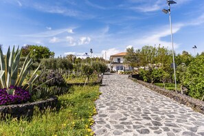 A cobblestone pathway leading to a building with a tiled roof, surrounded by lush greenery and flowering plants. - Villa Etna Pool & Seaview by Wonderful Italy (Belpasso)