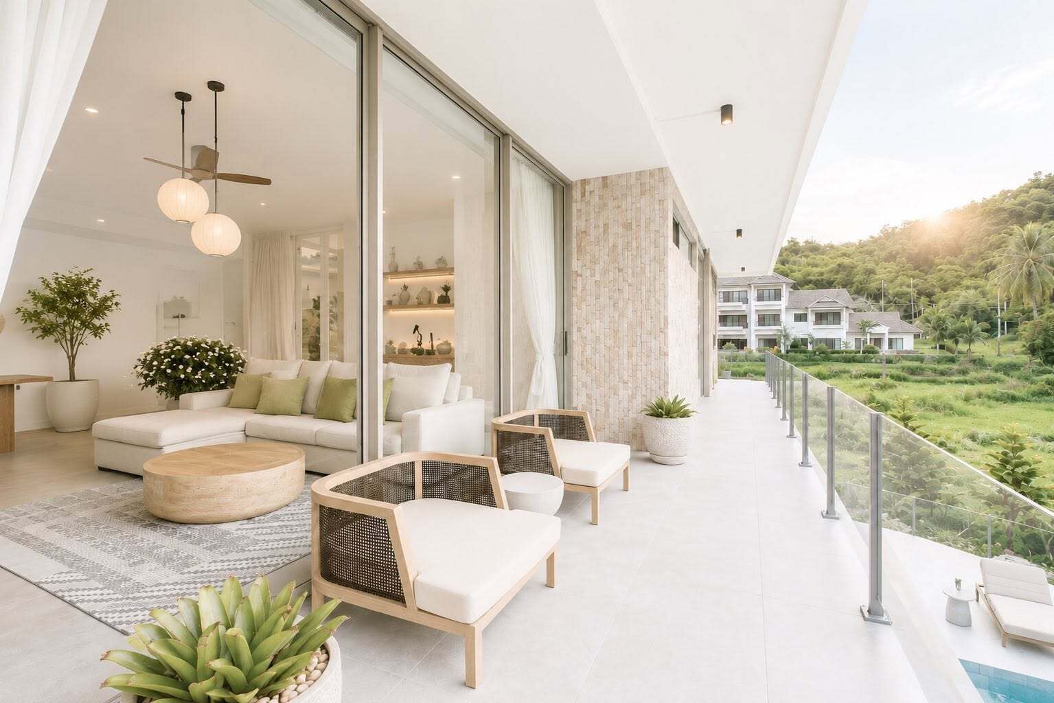 Un salon moderne avec un ensemble de canapés, une table basse ronde et des fauteuils en osier. Une grande fenêtre offre une vue sur un paysage luxuriant.