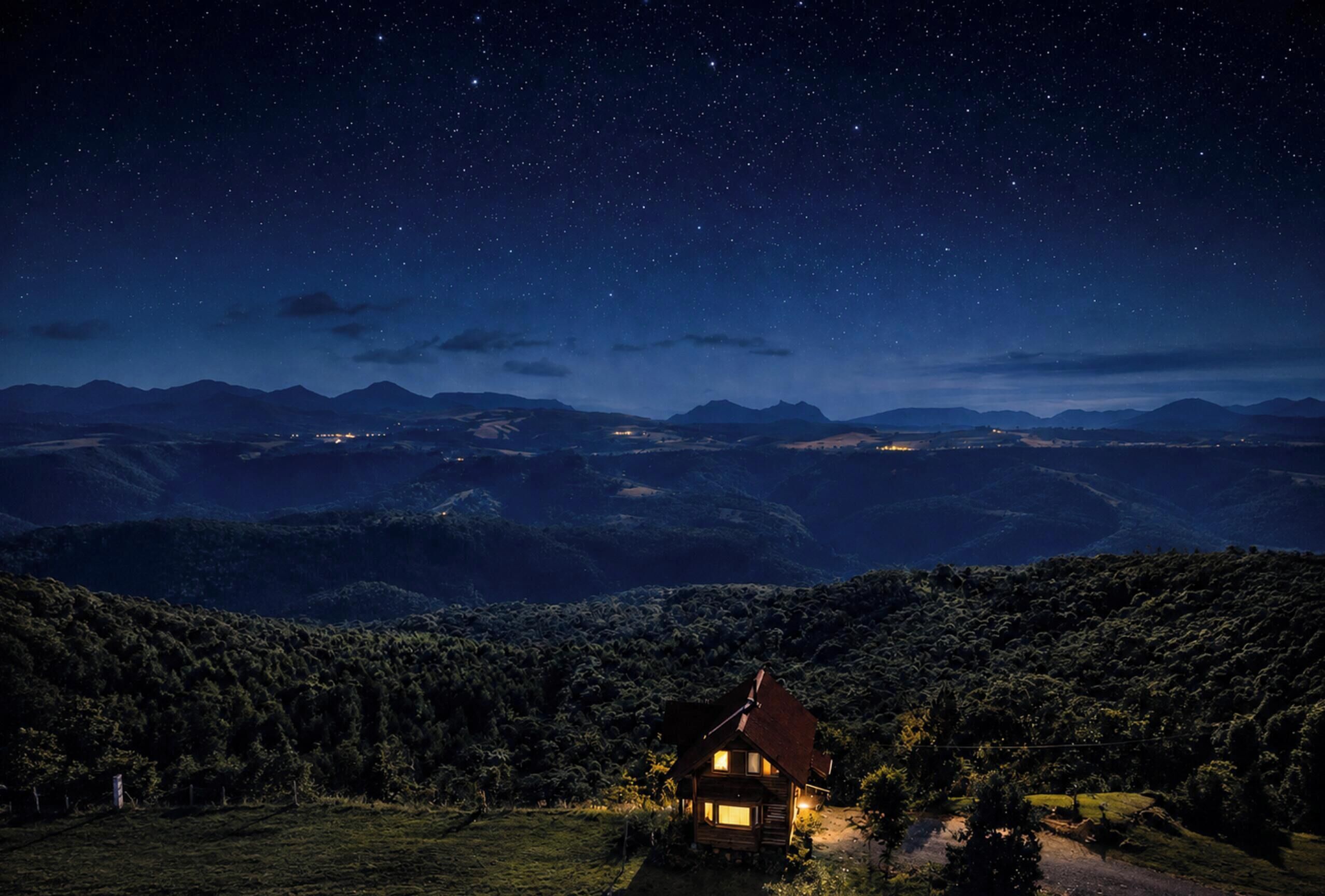 A cabin in a forested area with a starry night sky above.