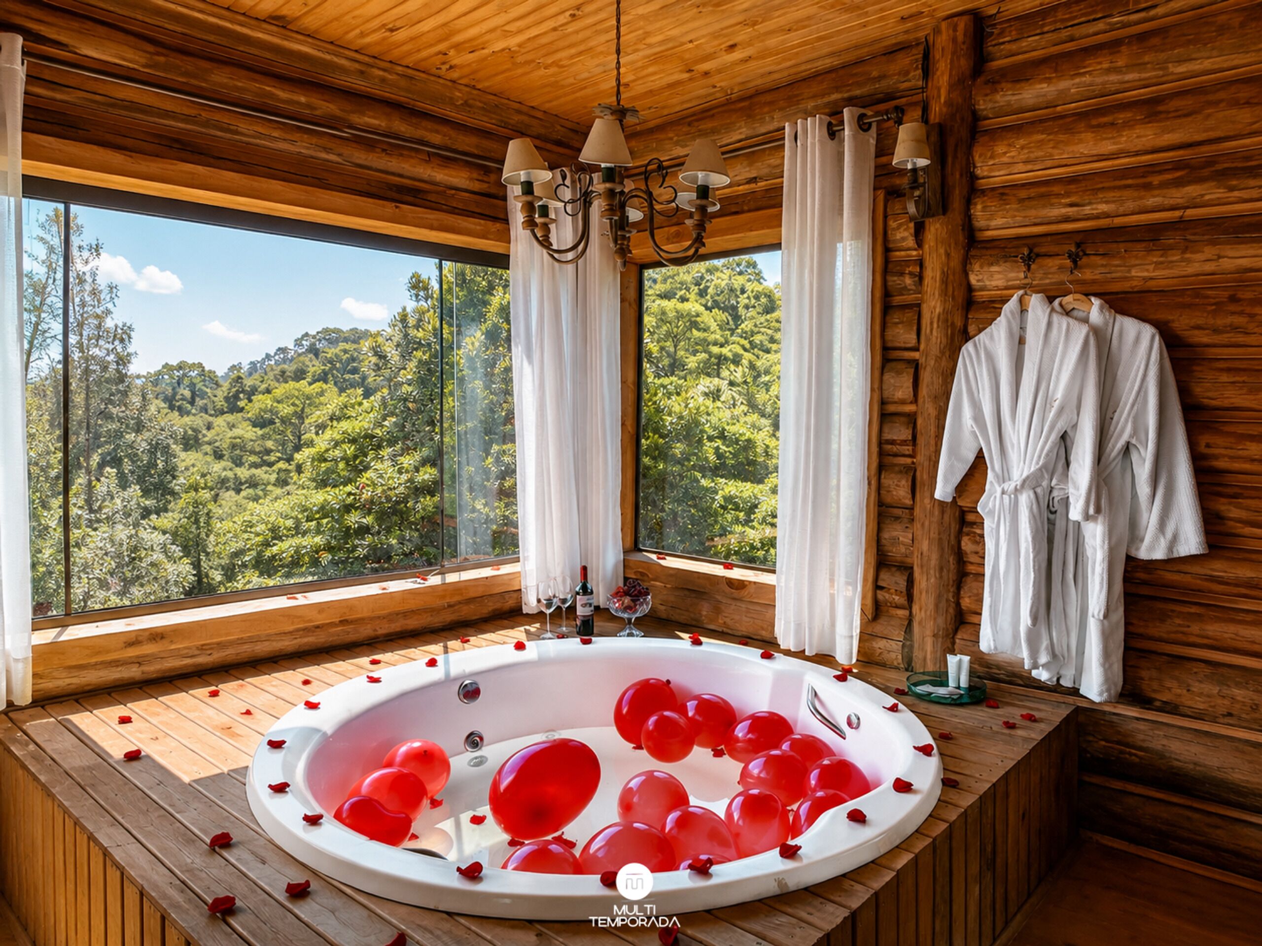 A wooden cabin with a large window, a hot tub with red balloons, and white bathrobes on the wall.