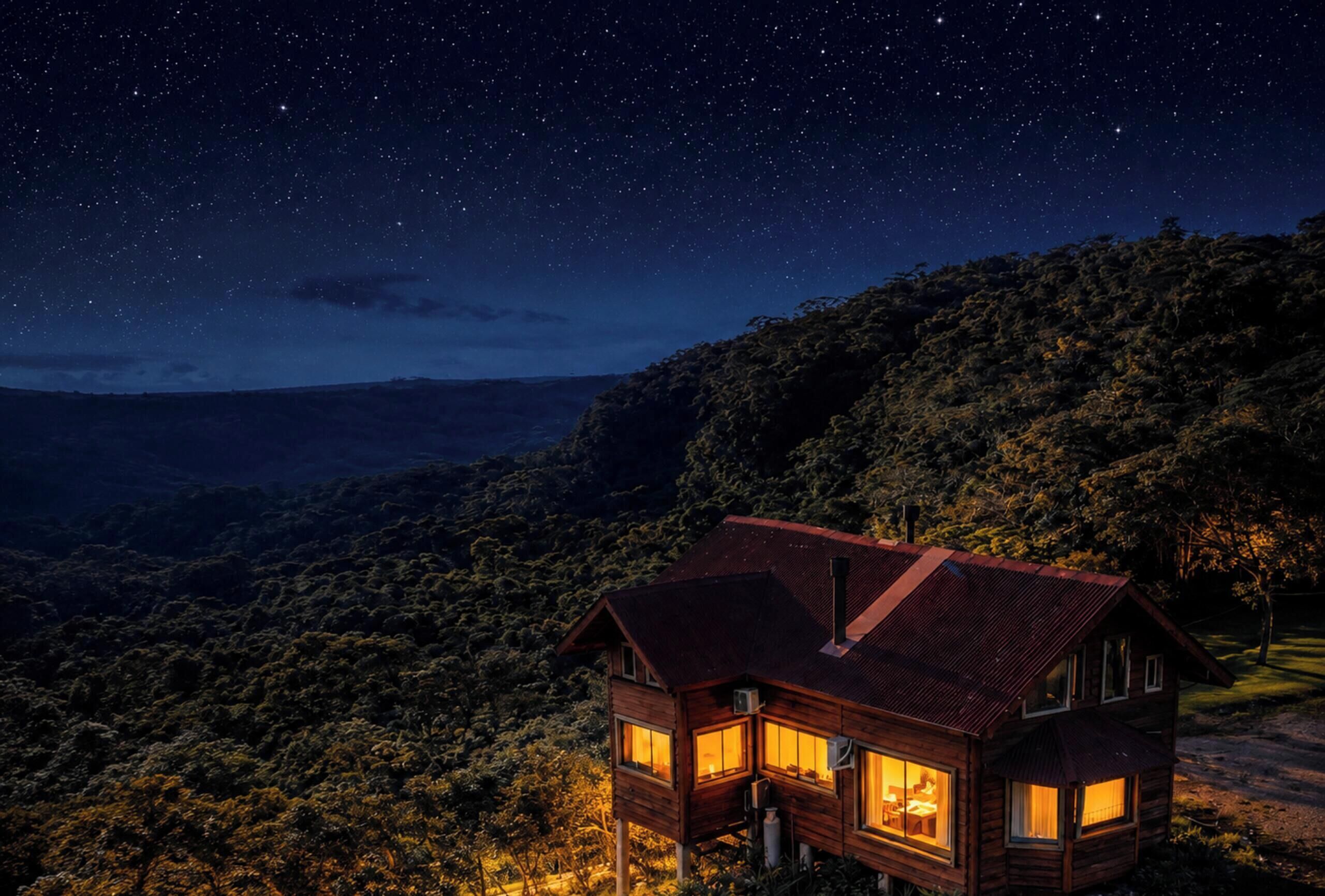 A wooden cabin with multiple windows, surrounded by dense forest, under a starry night sky.