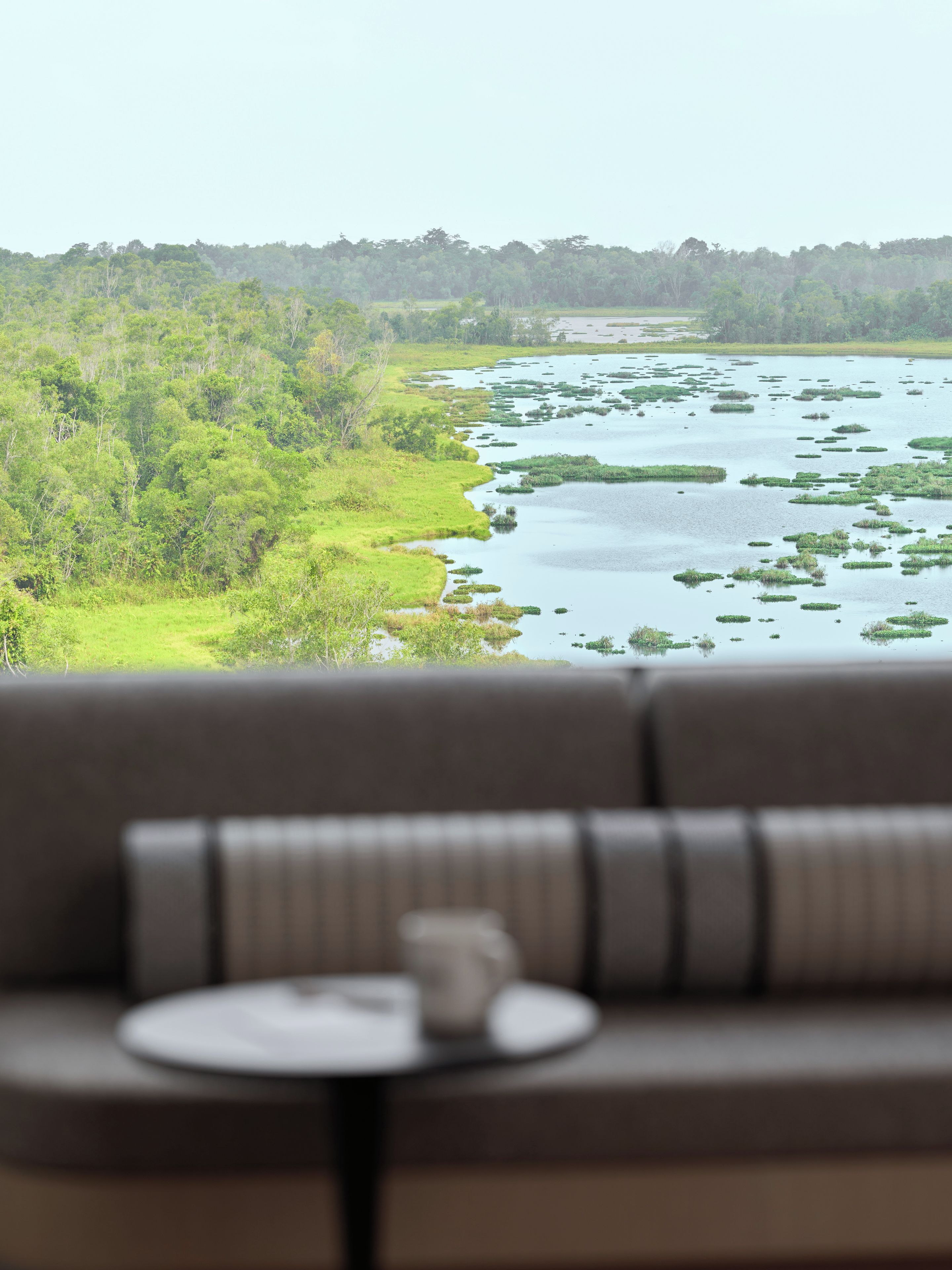 A view from a window with a sofa and a small table, overlooking a river with green vegetation and trees.