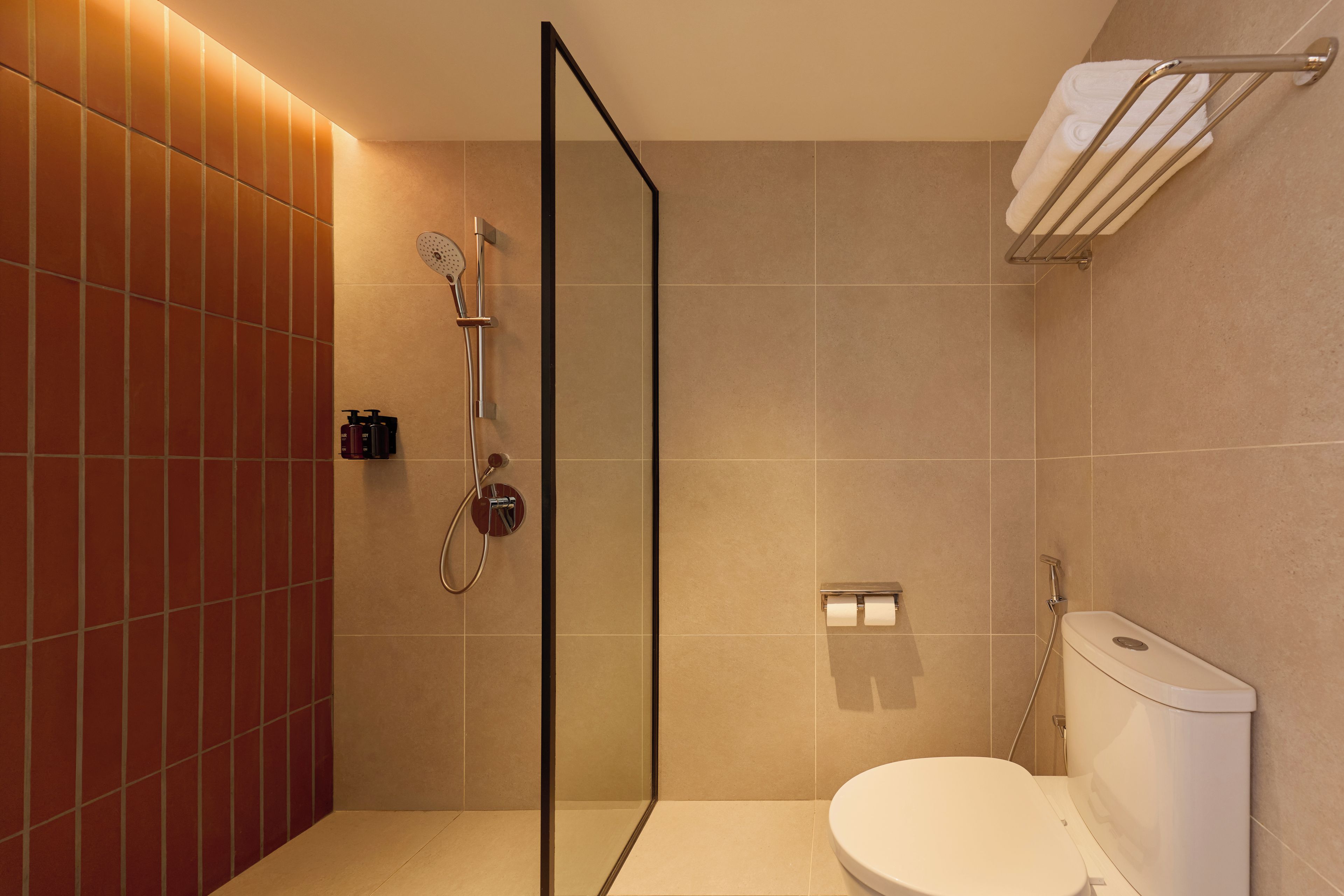 A modern bathroom with a glass-enclosed shower, a toilet, and a towel rack.