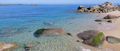 A beach with clear water, rocks, and a distant shoreline.