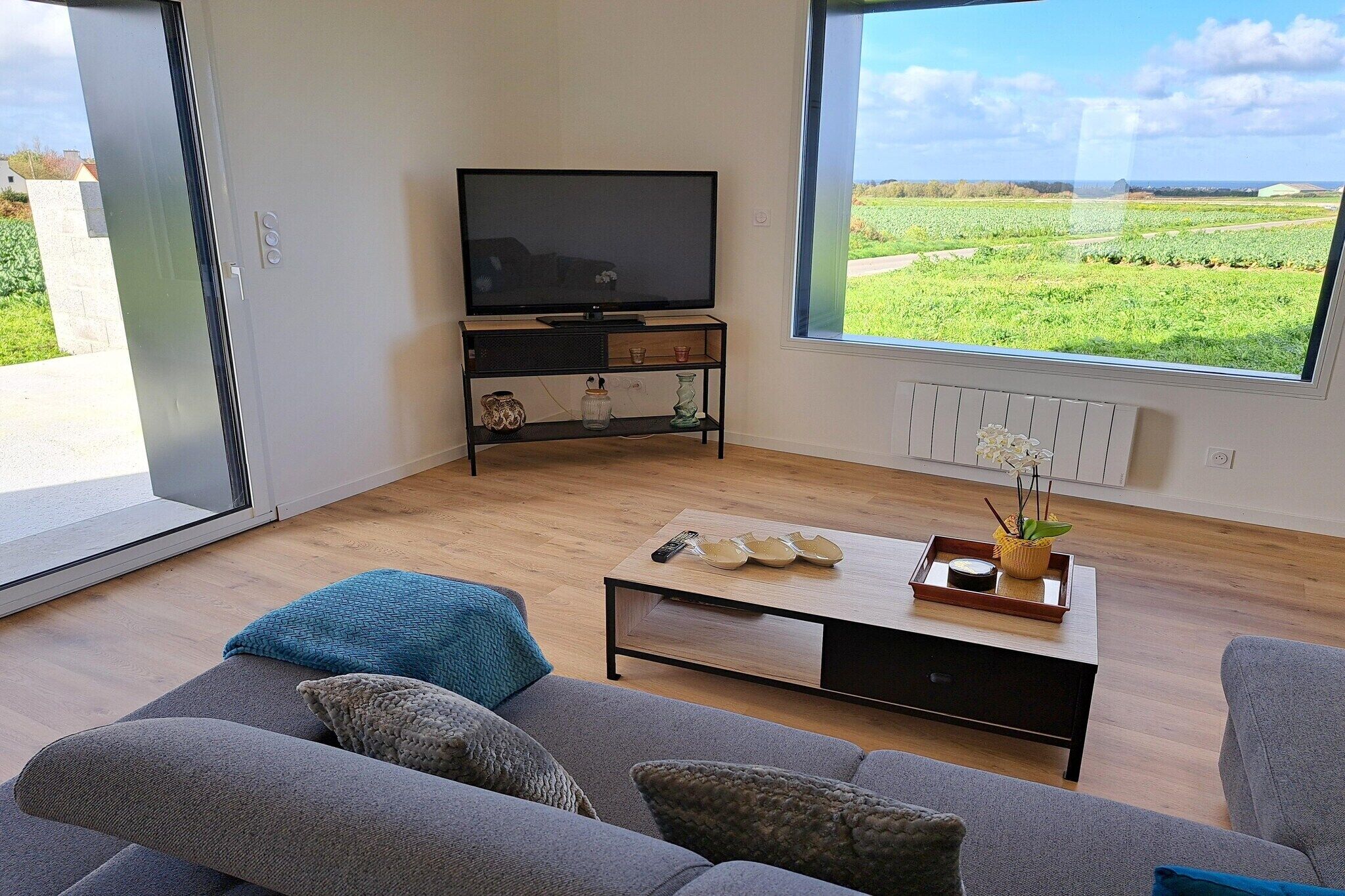 A modern living room with a flat-screen TV, a coffee table with decorative items, and a sofa with cushions.