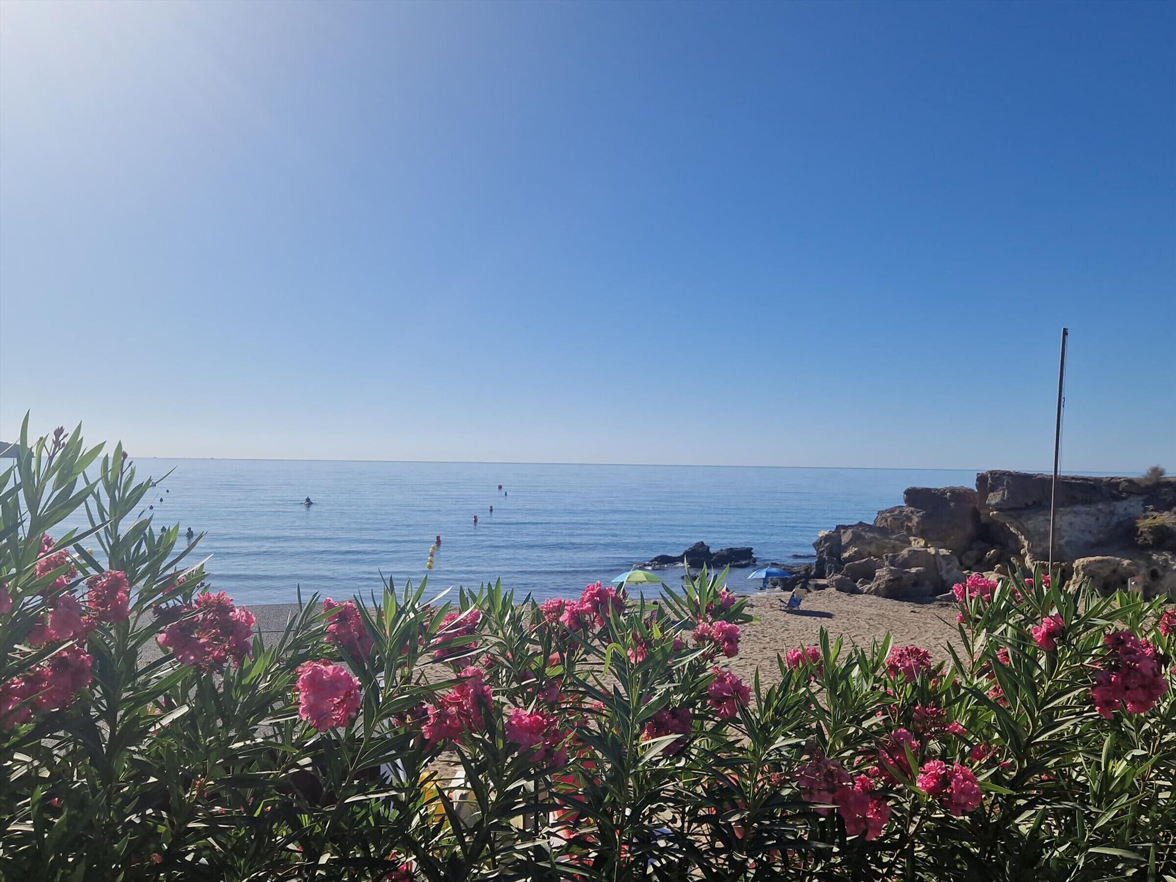 Une plage avec un ciel dégagé, une mer calme et une côte rocheuse.
