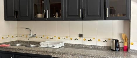 A kitchen with dark cabinets, a granite countertop, a built-in dishwasher, and a sink.