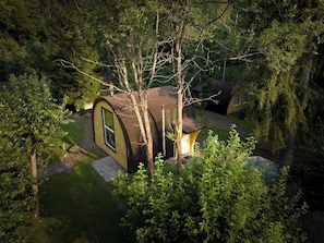 A house with a curved roof surrounded by dense forest.