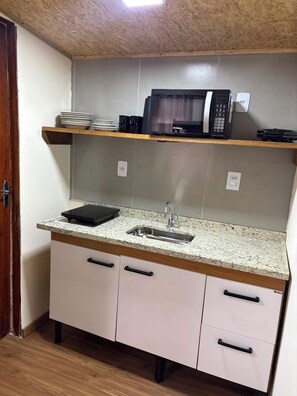 Una cocina compacta con microondas, un lavamanos y una encimera.