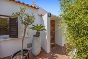 A courtyard with a potted palm tree, a tall potted plant, and a bamboo plant. - Villa Casa Rafael by Villa Plus (Albufeira)