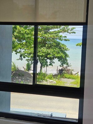 Ein Fenster mit Blick auf Strand und Baum.