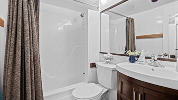 Une salle de bain moderne équipée d’une douche, de toilettes et d’un meuble-lavabo.