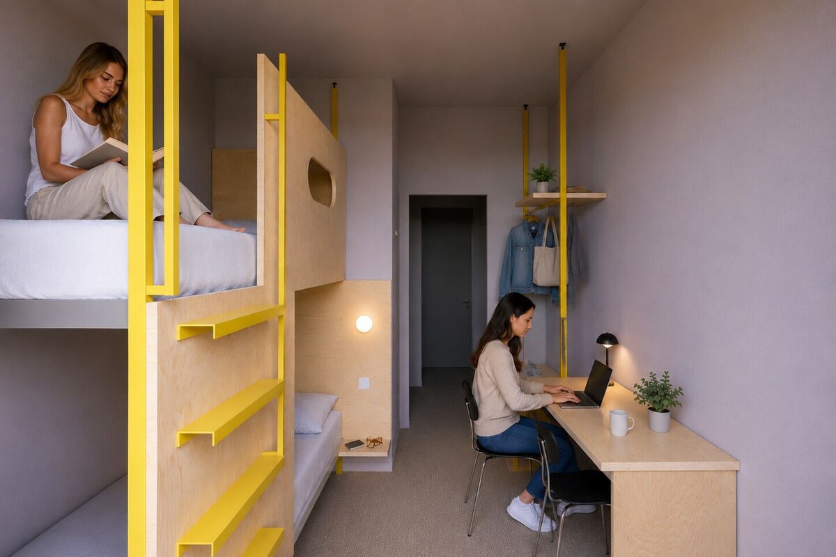 Een kleine kamer met een stapelbed, een bureau met een laptop en een stoel.