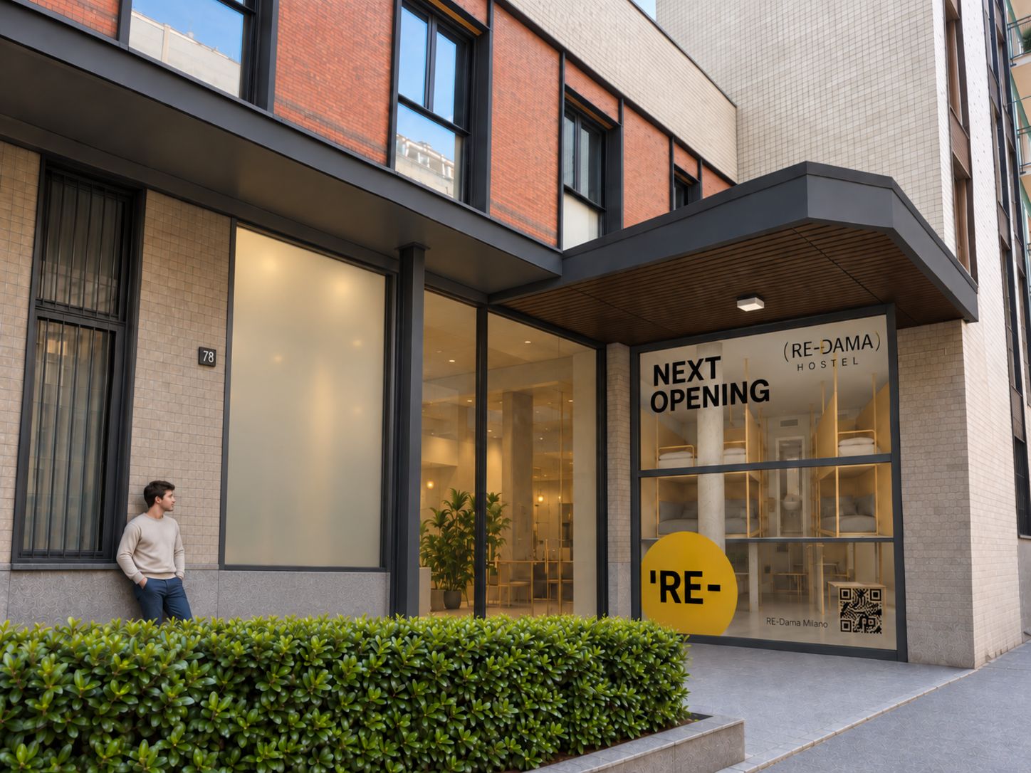 A modern building with a large glass facade, a 'NEXT OPENING' sign, and a QR code for RE-DAMA Milano.
