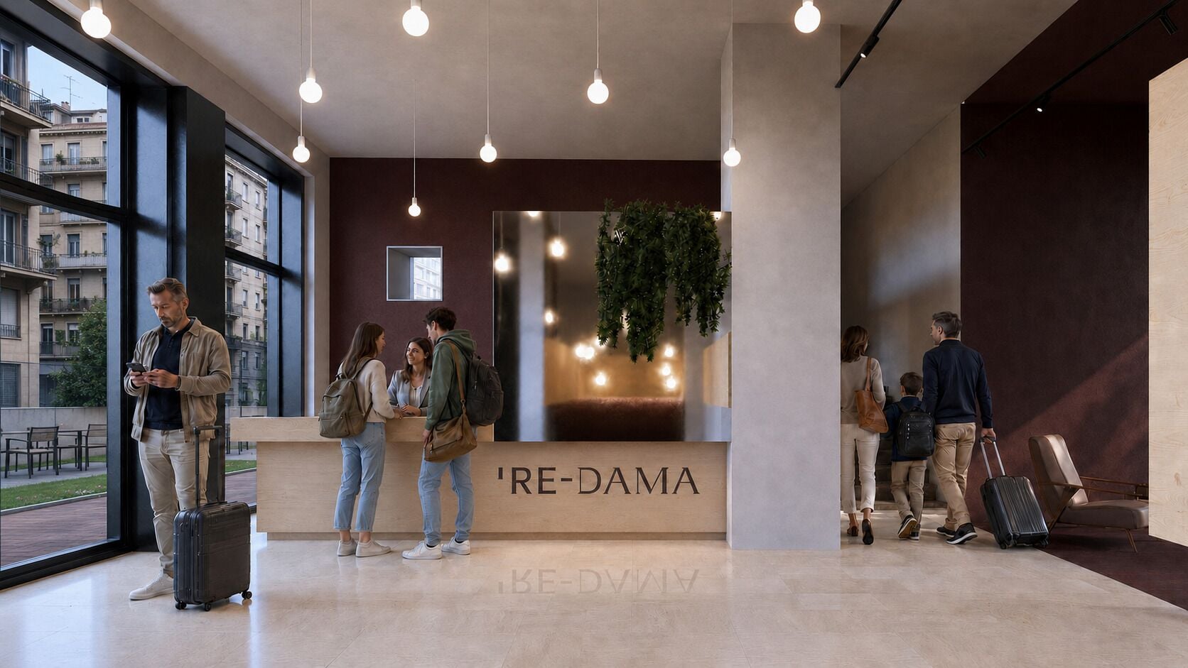 Zona de recepción de hotel con diseño moderno, mostrador de recepción y vistas al exterior.