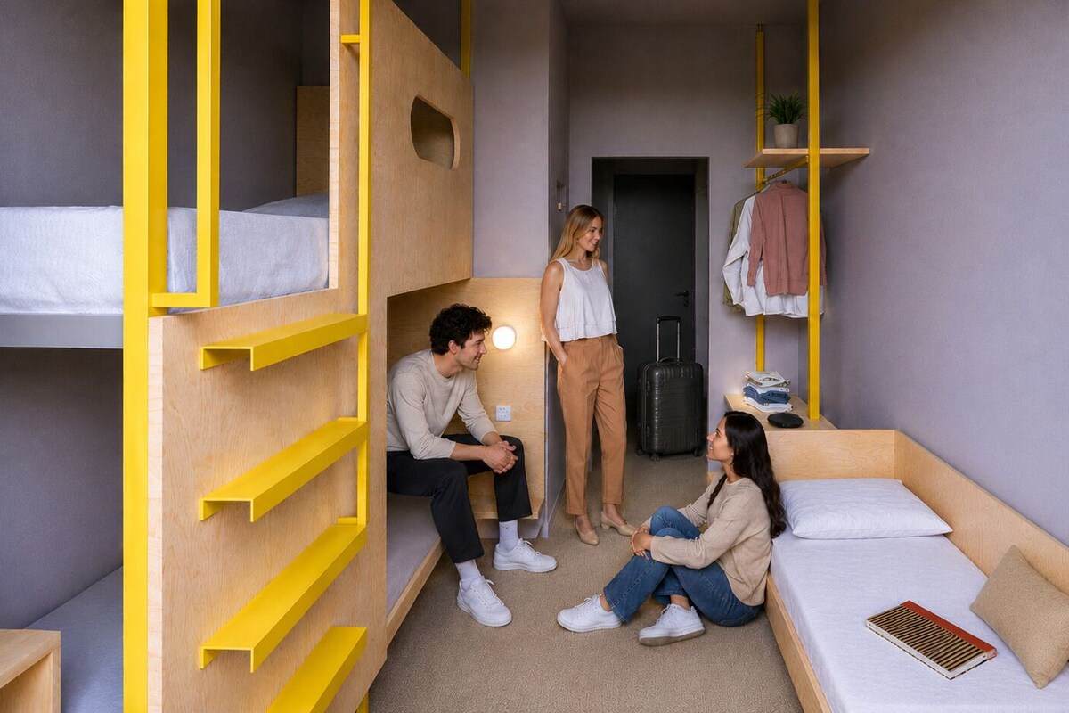 Een kamer met stapelbedden, een zithoek en een bed.