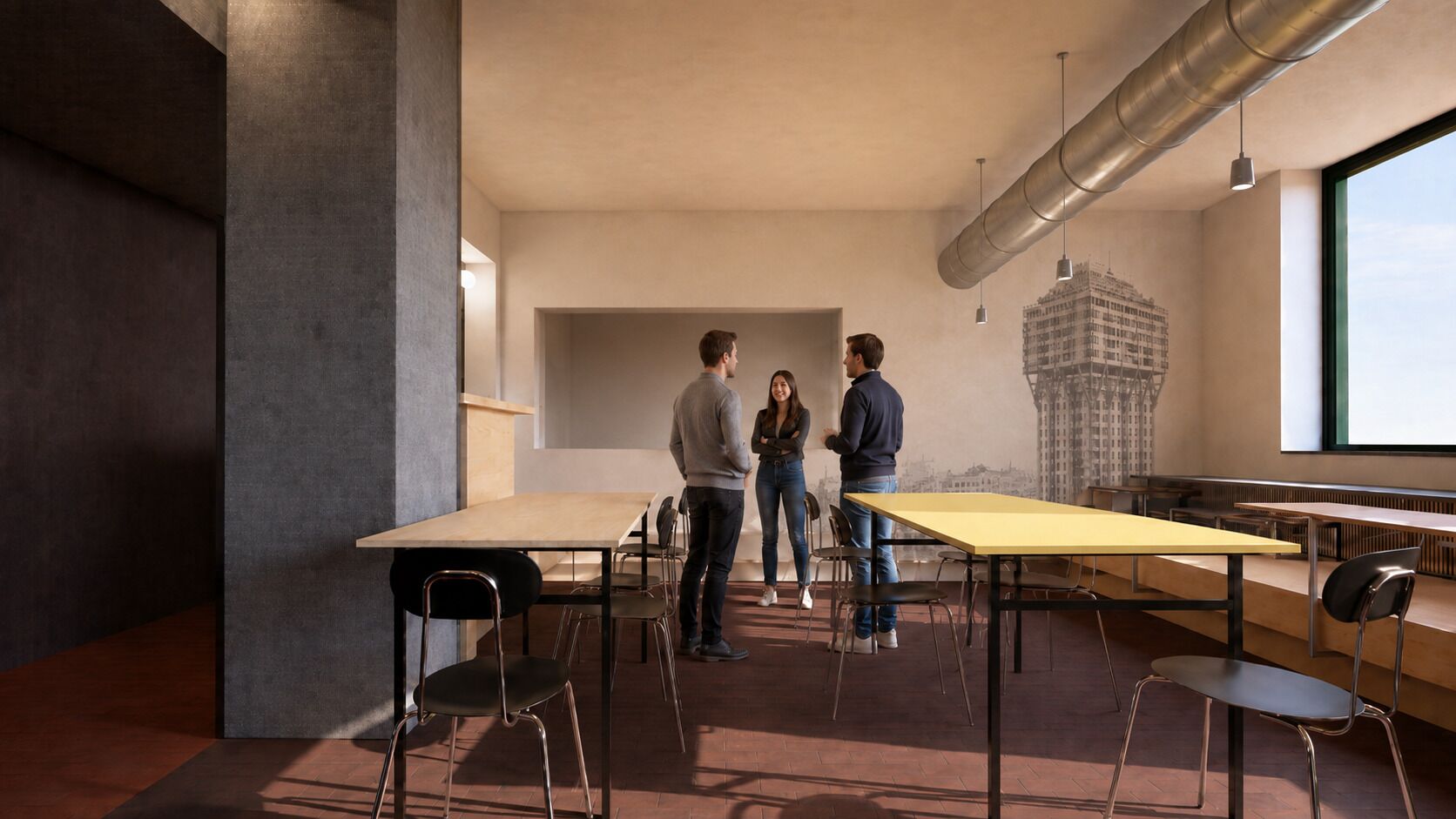 A modern interior with a high ceiling, exposed ductwork, and a large window.