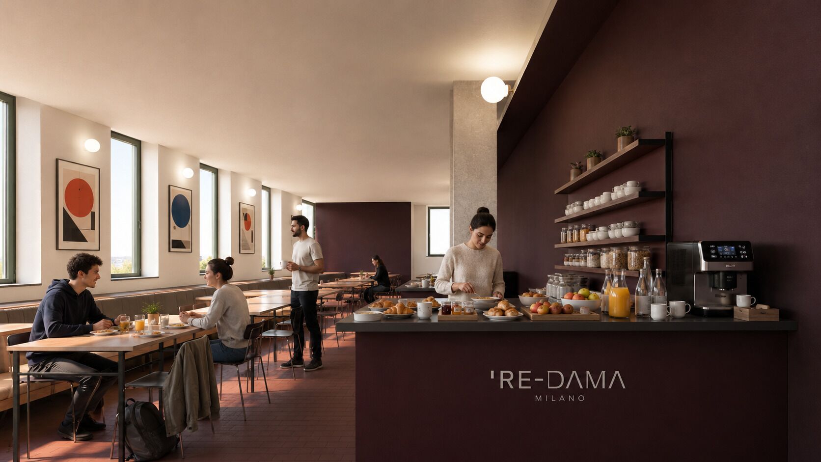 Un comedor moderno con mesas, sillas y una barra con comida y bebidas.