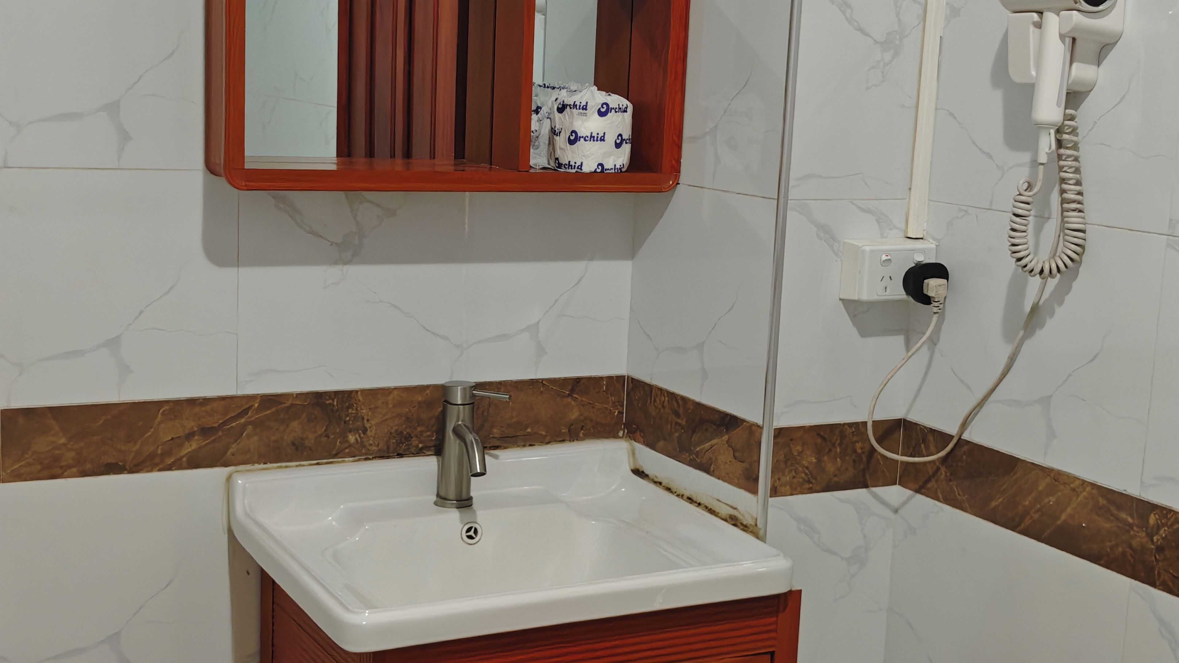 Hair dryer, towels, soap, toilet paper