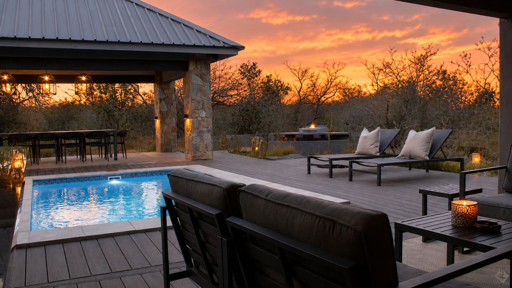 Un espace aménagé au bord de la piscine, avec une structure en pierre, des chaises longues et une vue sur le coucher de soleil.