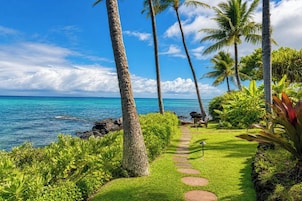Un jardín tropical con un sendero de piedra que lleva a un banco frente al océano.