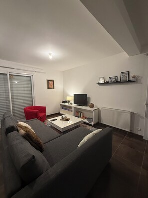 A living room with a grey sofa, a red chair, a coffee table, a television, and a radiator.
