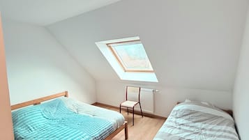 En lille lejlighed med et enkelt værelse, to senge, et ovenlysvindue og en radiator.