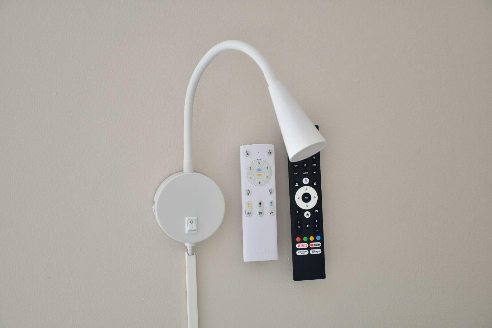Une lampe murale, une télécommande et une multiprise.