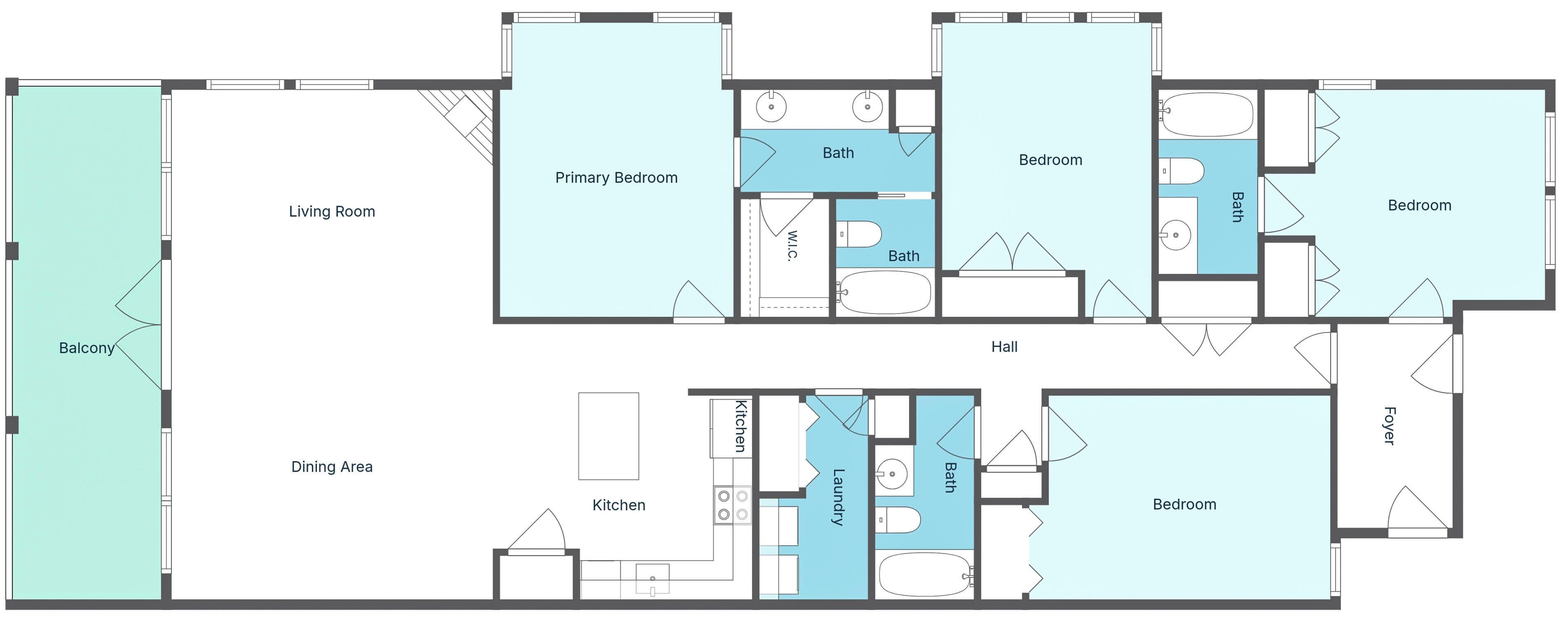 Plano de un hotel que incluye balcón, comedor, cocina, habitación principal, habitación secundaria, baño y lavadero.