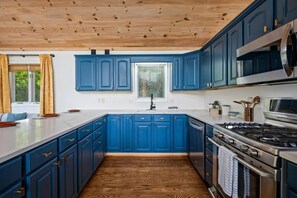 A modern kitchen with blue cabinets, a wooden ceiling, and stainless steel appliances.