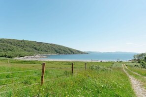 A coastal landscape with a grassy field, a dirt path, and a body of water in the background.