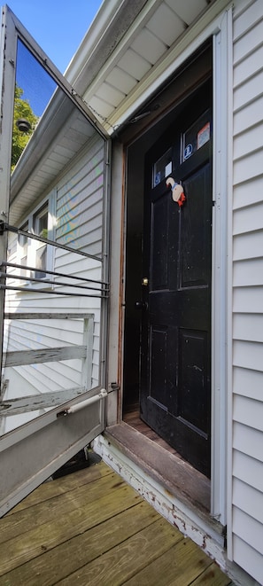 A garage door with a security chain, a black door with a swan decoration, and a small step leading to the entrance.