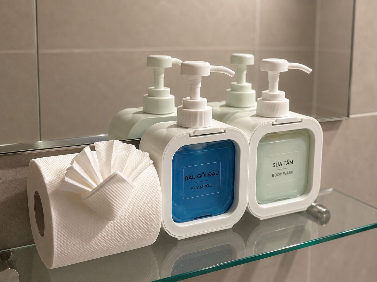 A bathroom with a glass shelf holding toiletries including a blue shampoo bottle, a white body wash, and a roll of paper towels.