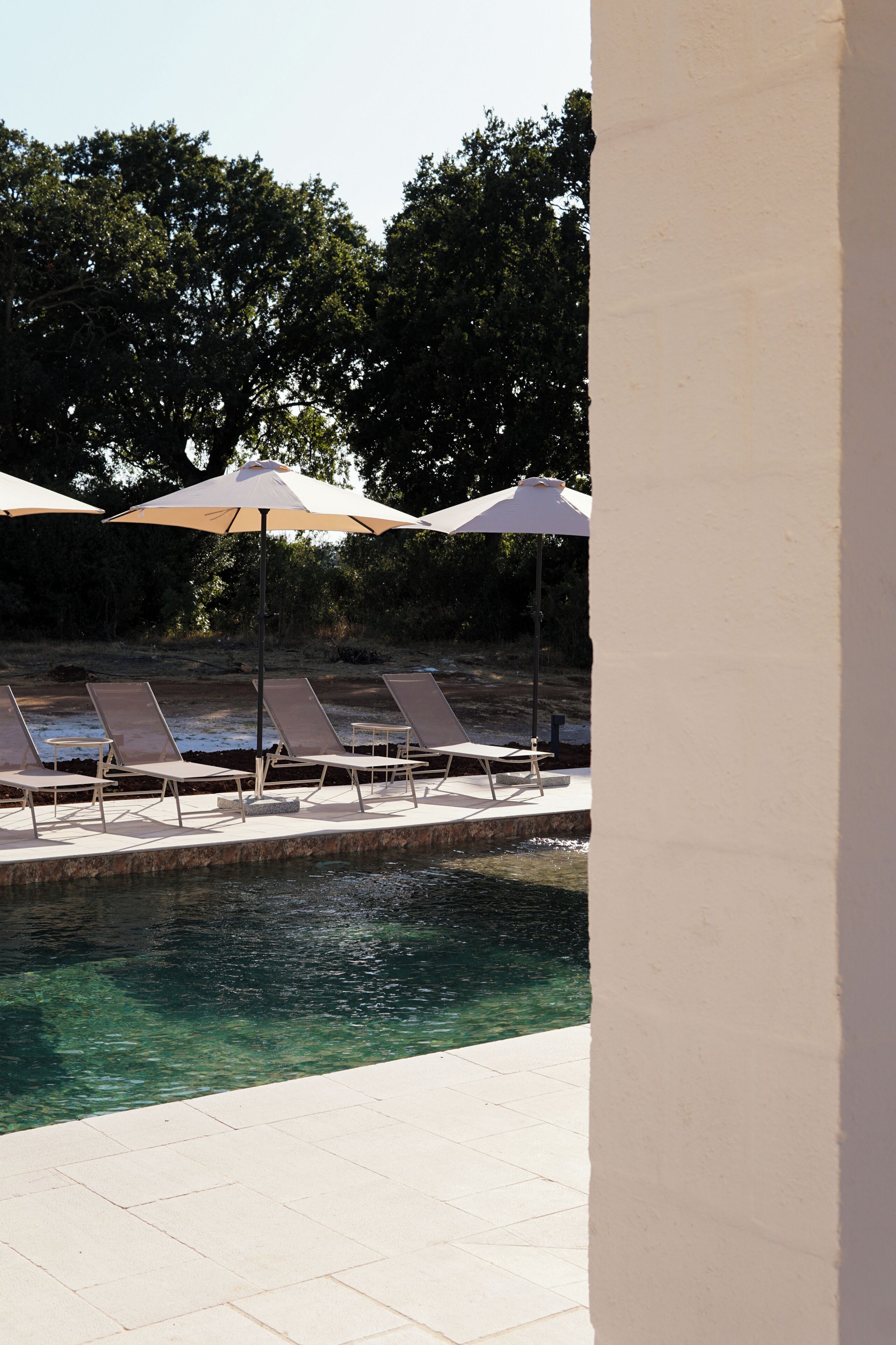 Un área junto a la piscina con sillones de descanso y sombrillas.