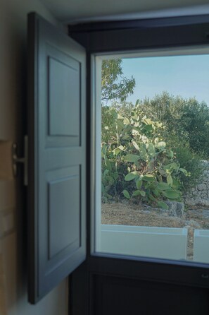 An open door with a view of a cactus garden. - Masseria Pastinaca Relais & Spa (Cisternino)