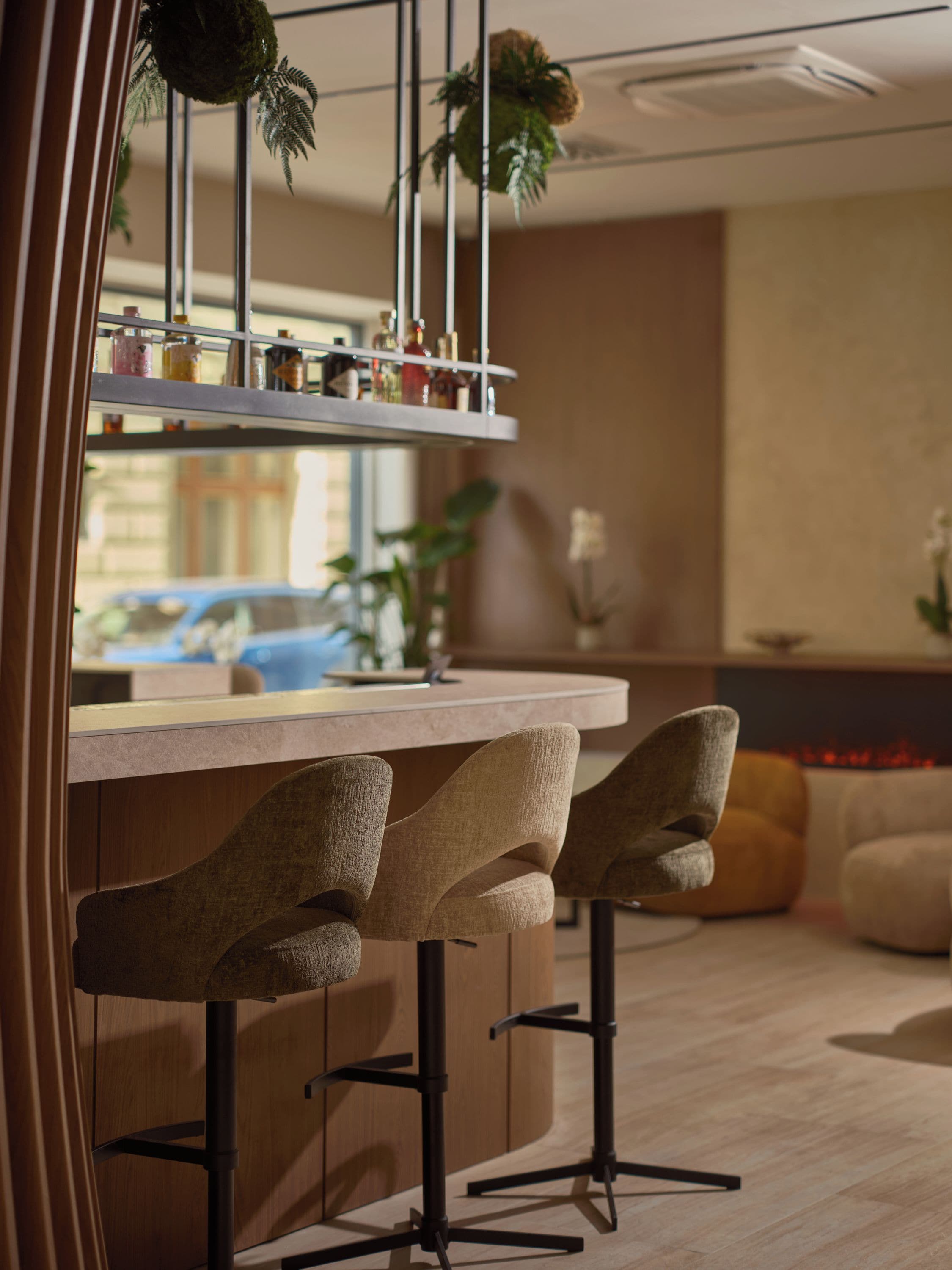 A modern kitchen with a bar area, wooden cabinets, and bar stools.