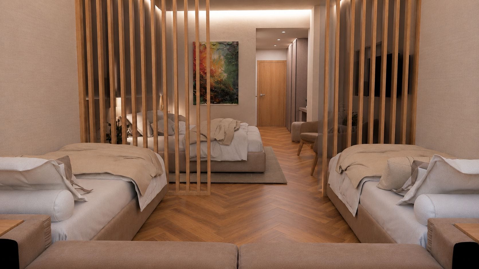 Ein modernes Hotelzimmer mit zwei Betten, einem Sofa, einem Fernseher und einem Bild an der Wand.