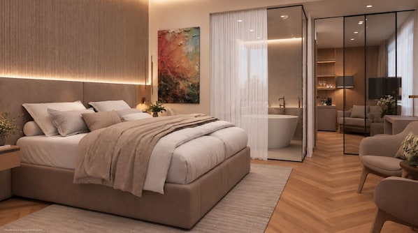 A modern bedroom with a large bed, a bathroom with a bathtub, and a living area with a sofa and a TV.