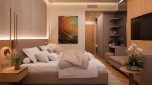 A modern bedroom with a large bed, bedside tables, a TV, and a painting on the wall.